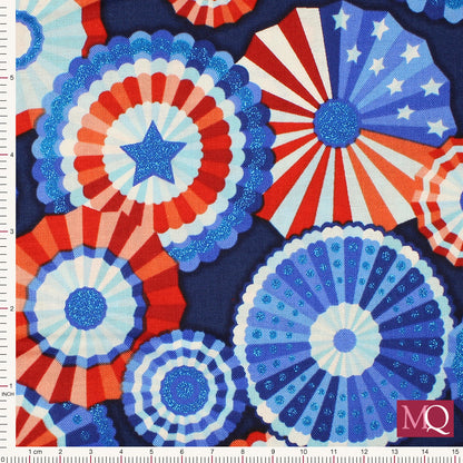 Cotton quilting fabric with bright red, white and blue rosettes and subtle American flags