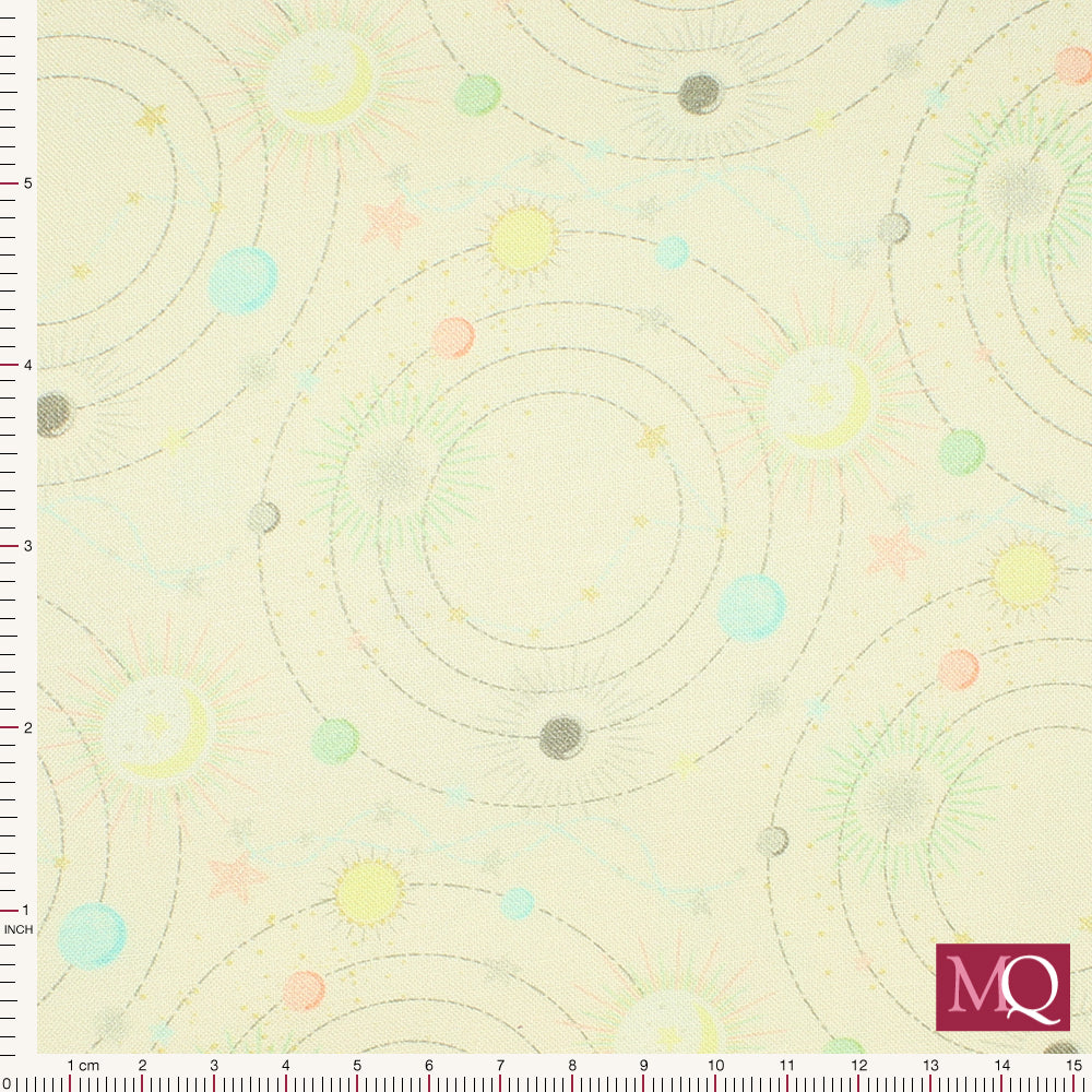 Cotton quilting fabric in warm pale tones featuring delicate solar system print