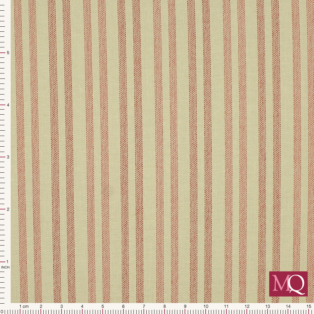 Cotton quilting fabric with cotton ticking effect print in red and pink on beige background
