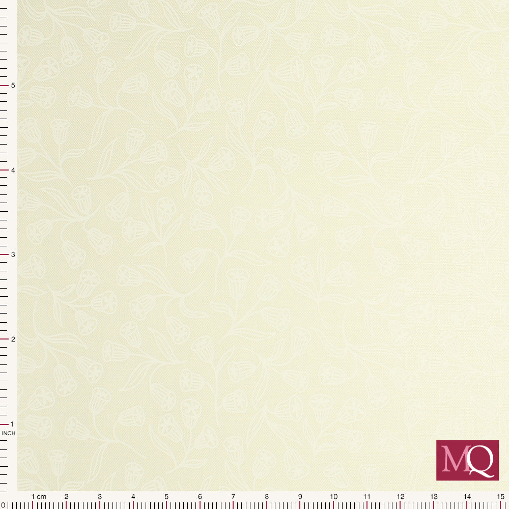 Cotton quilting fabric with white printed bell flowers on white background