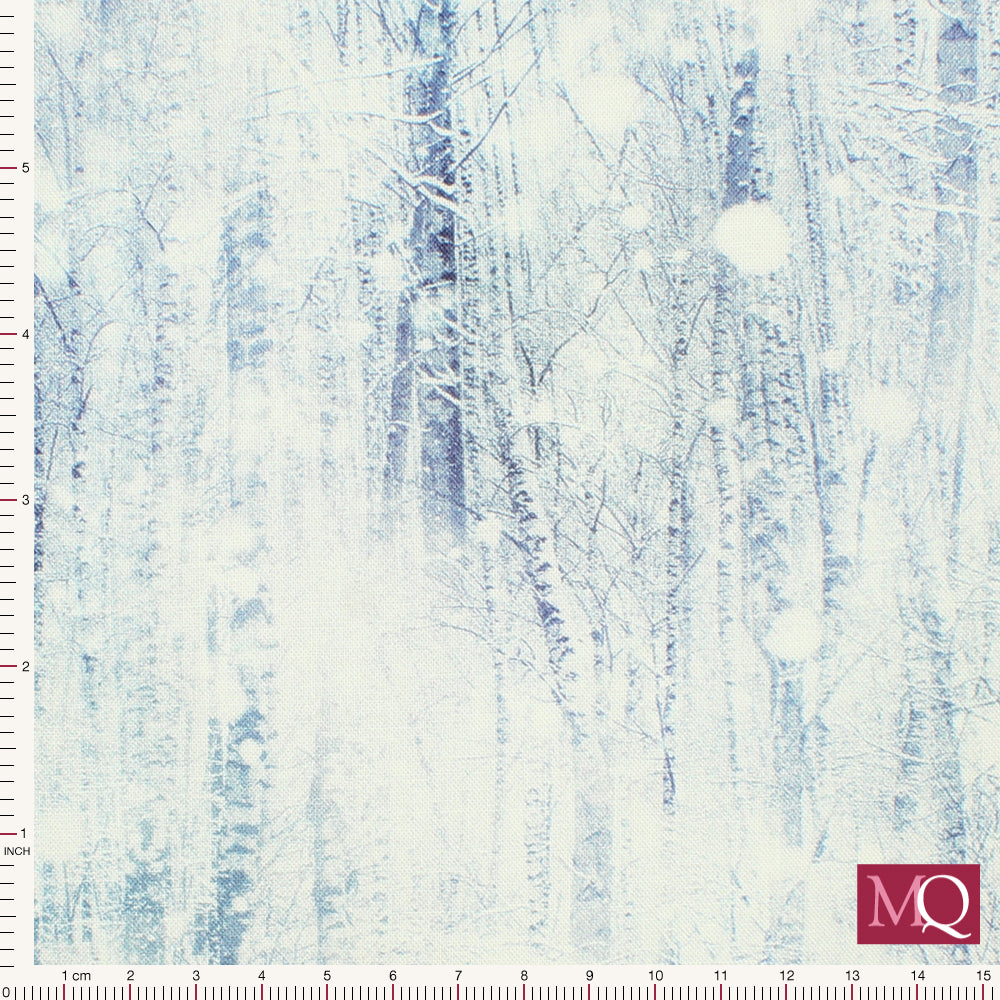 Cotton quilting fabric with winter tree design in icy blue by Hoffman