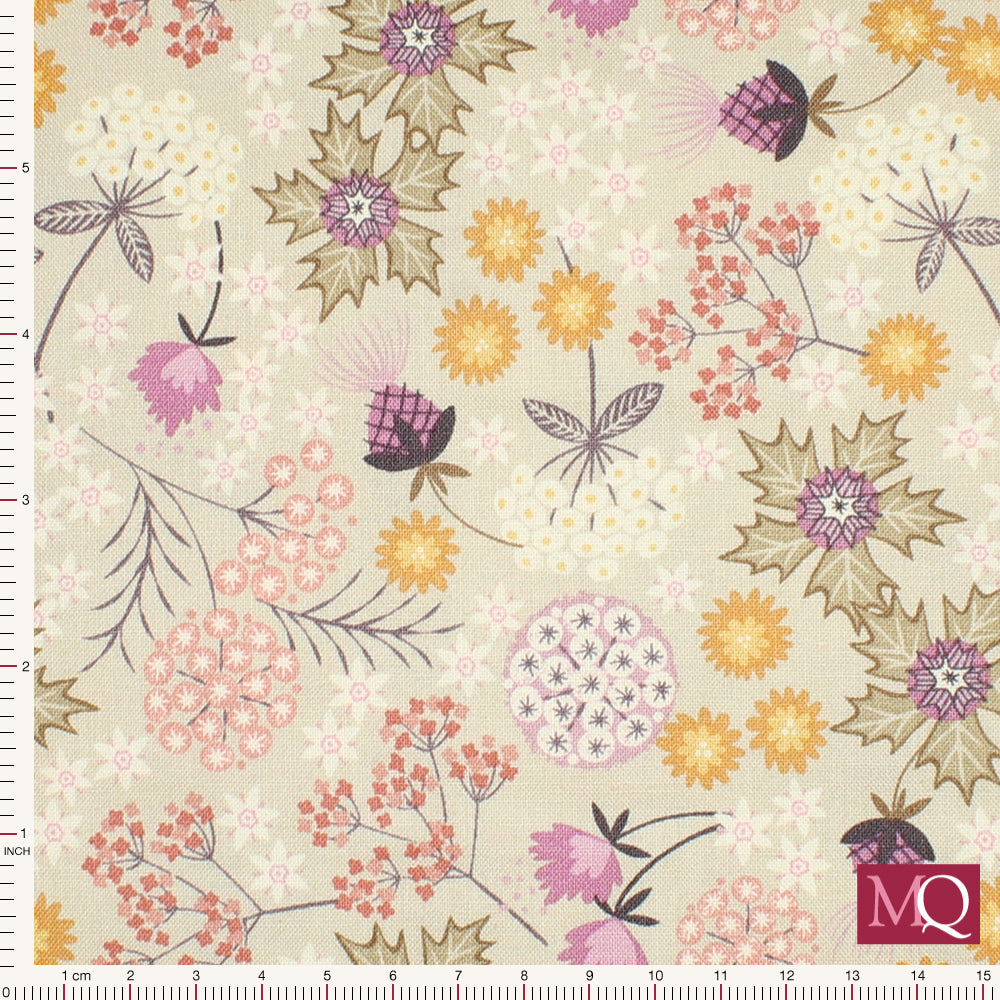Cotton quilting fabric with natural botanical design in muted pink tones