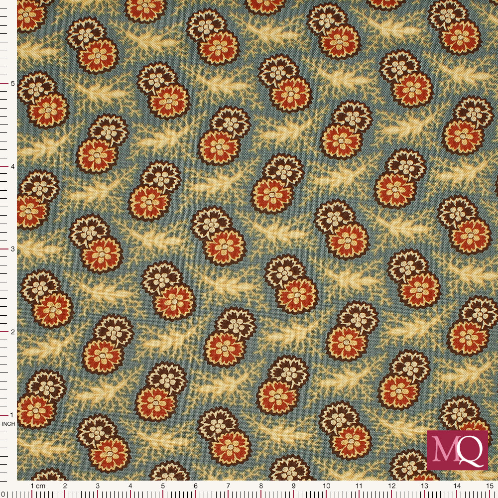 Cotton quilting fabric featuring traditional delicate design in warm teal, burnt red and brown.